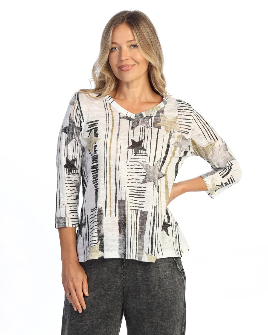 JESS & JANE Burnout V-Neck 3/4 Sleeve Top - 46-2298 - STELLAR