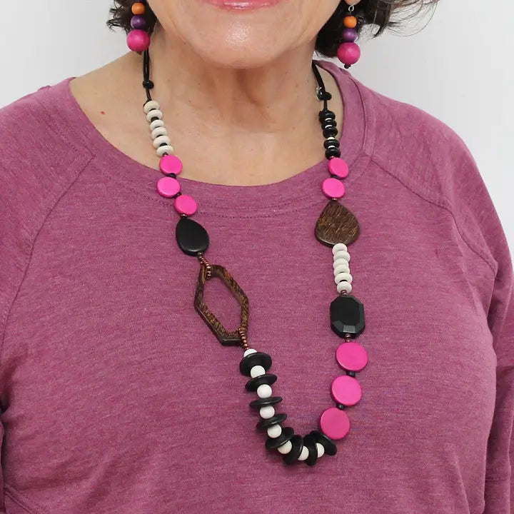 SYLCA Fuchsia Wood Bead Gabby Necklace - BP24N17 - FUCHSIA