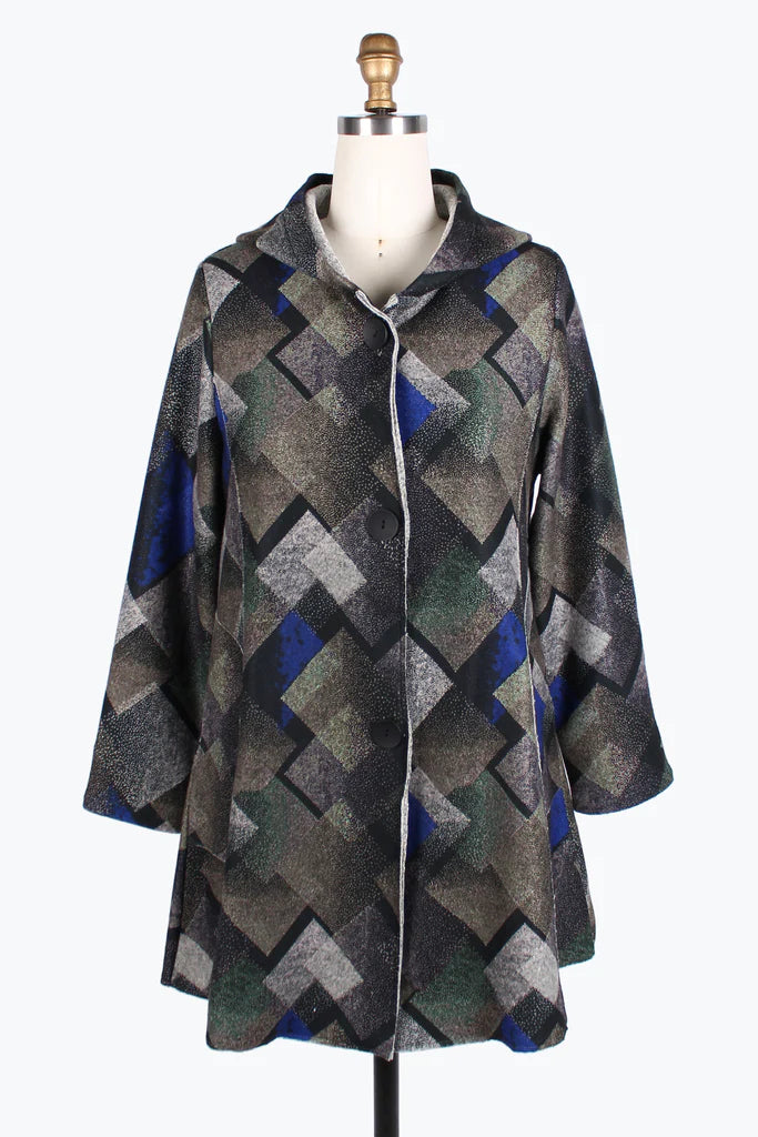 DAMEE Multi-Square Hooded Long Coat JKT-4845- BLUE