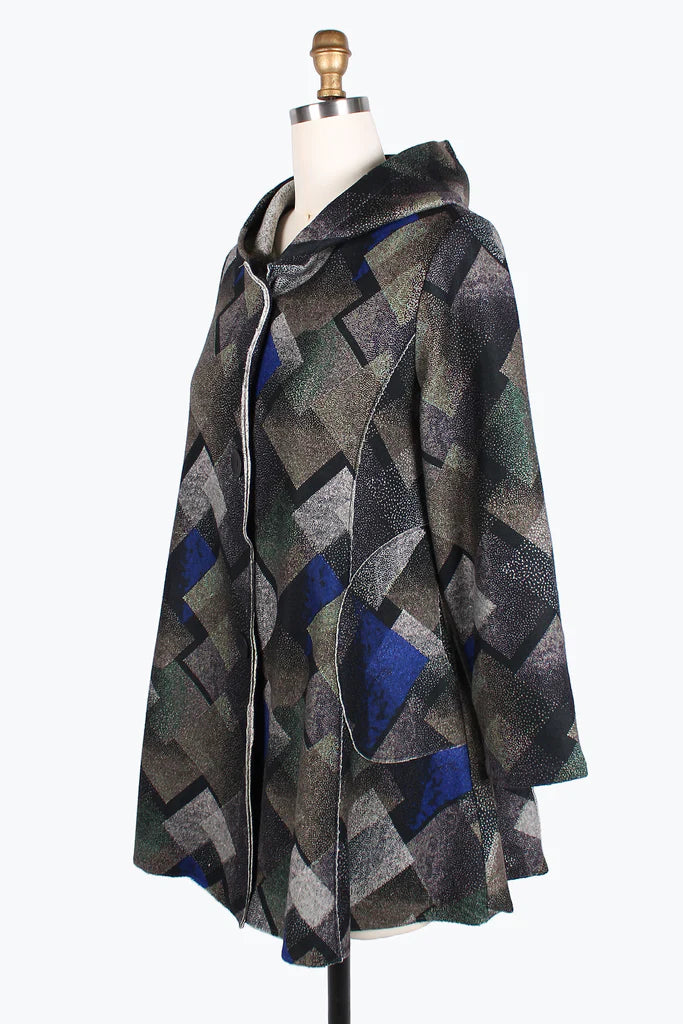 DAMEE Multi-Square Hooded Long Coat JKT-4845- BLUE