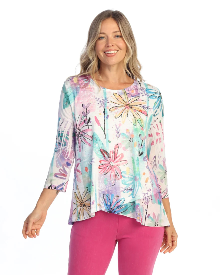 JESS & JANE Burnout Tunic Top w/ Mesh Sleeves and Layered Hem - 49-2295 - REVERIE