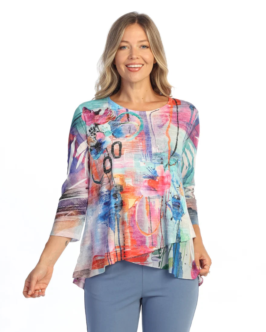 JESS & JANE Burnout Tunic Top w/ Mesh Sleeves and Layered Hem - 49-2302 - SUNBURST