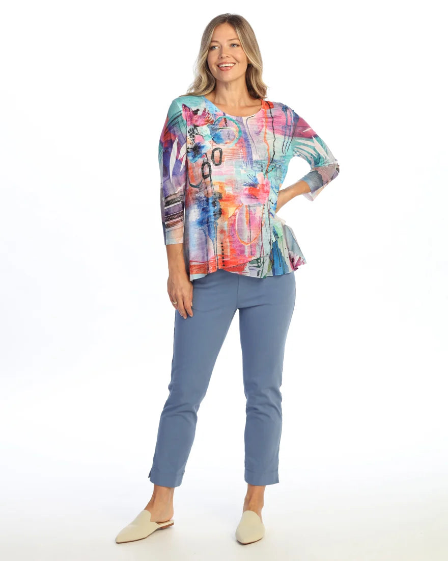 JESS & JANE Burnout Tunic Top w/ Mesh Sleeves and Layered Hem - 49-2302 - SUNBURST