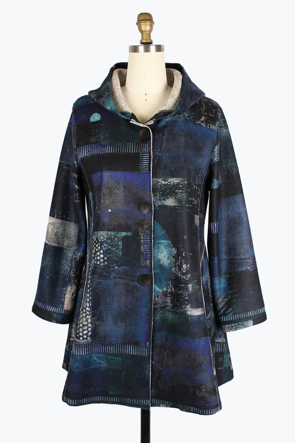 DAMEE OIL PAINTING HOODED COAT - 4904 - BLU