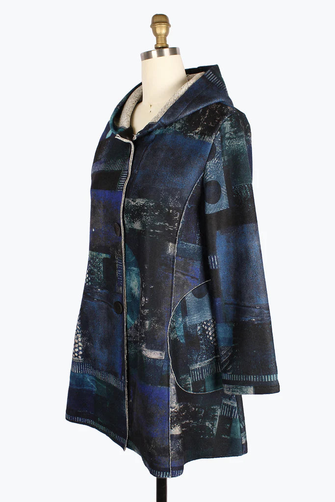 DAMEE OIL PAINTING HOODED COAT - 4904 - BLU