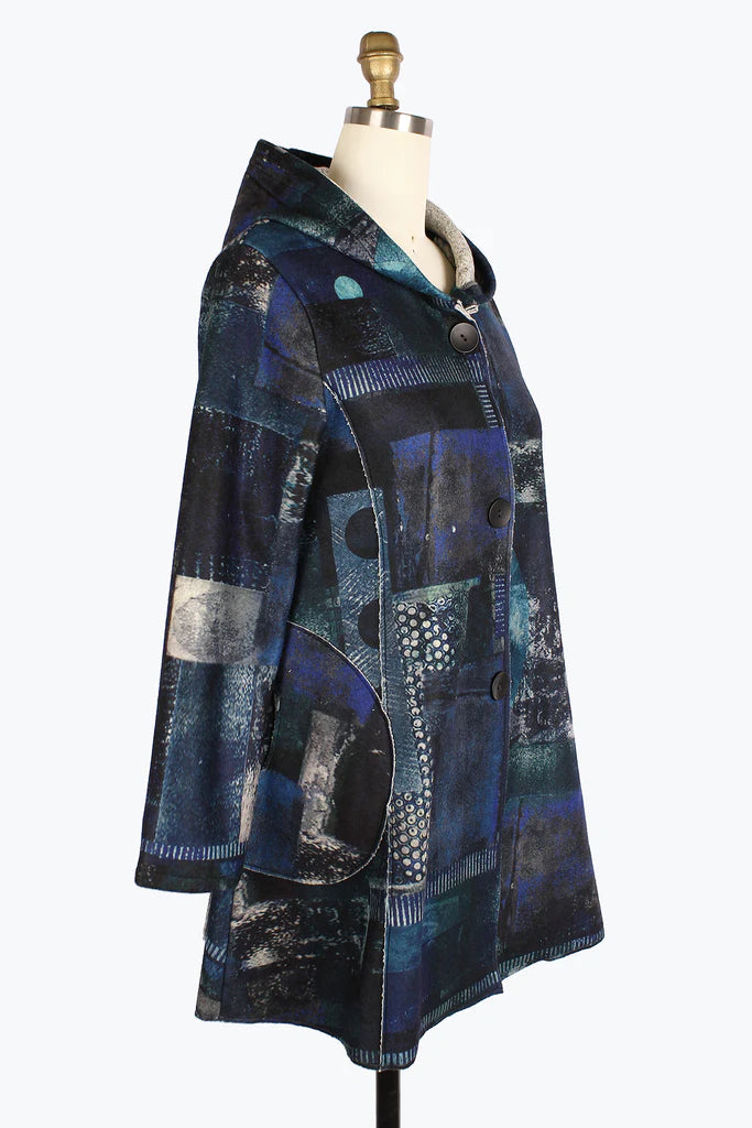 DAMEE OIL PAINTING HOODED COAT - 4904 - BLU