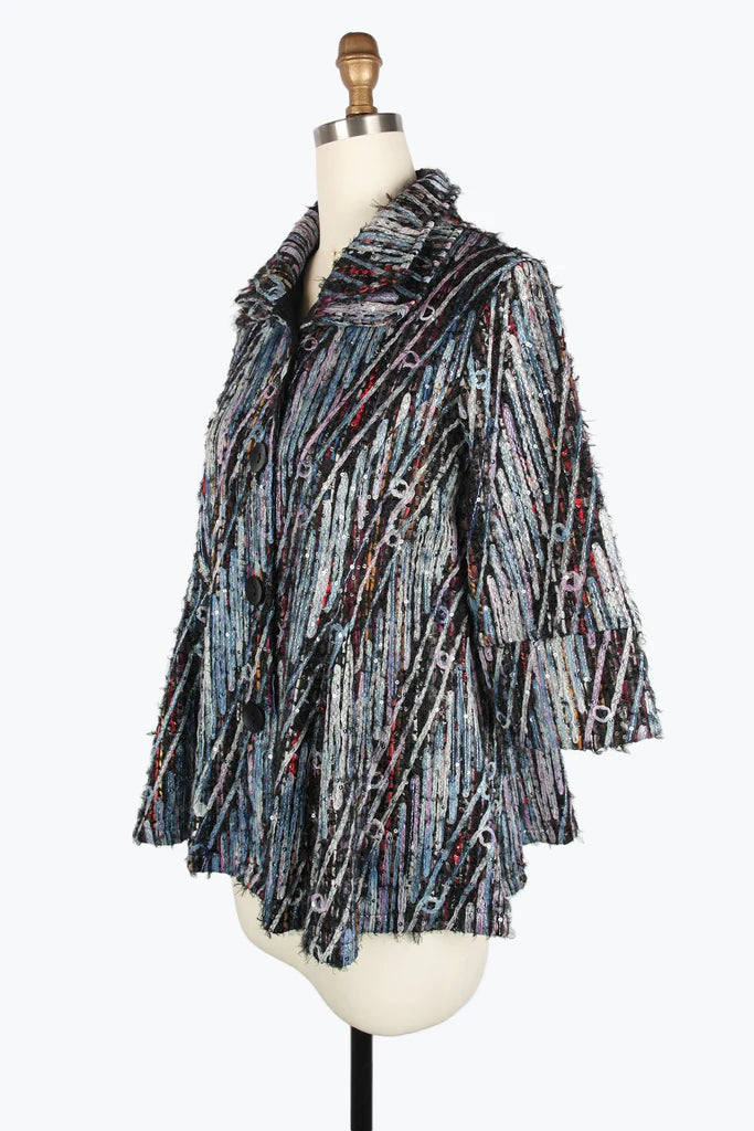 DAMEE SEQUINED CHENILLE & RIBBON FLARE COAT - 4925 - BLU