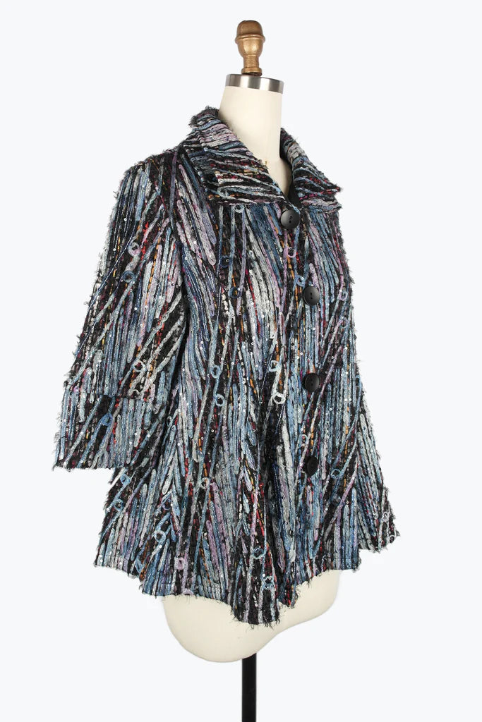 DAMEE SEQUINED CHENILLE & RIBBON FLARE COAT - 4925 - BLU
