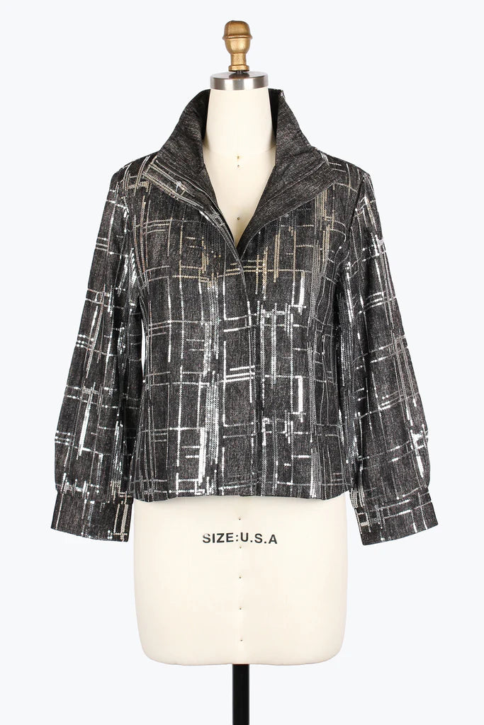DAMEE SEQUINED DENIM BIKER JKT - 4928-BLK
