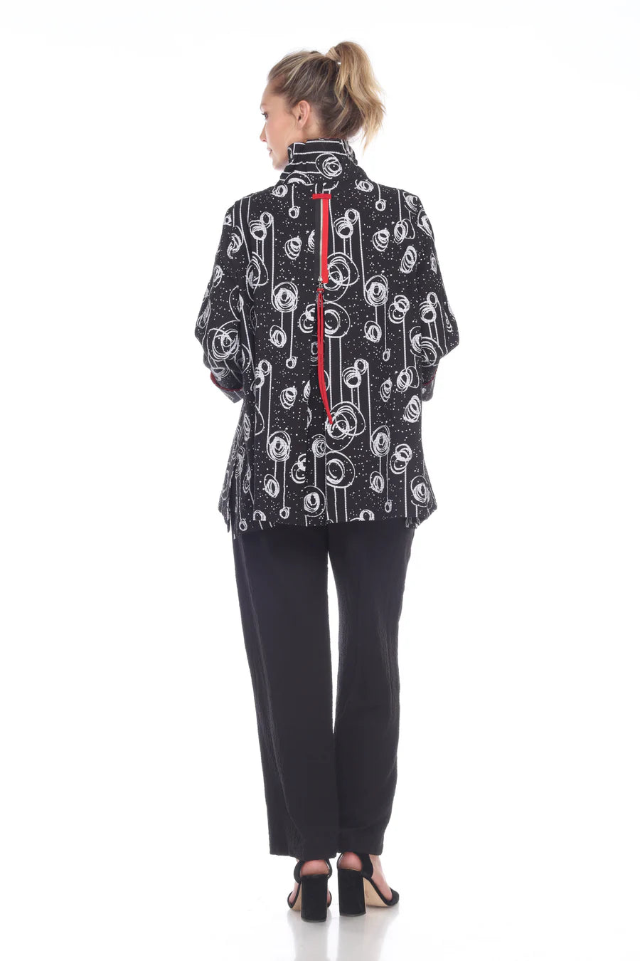 MOONLIGHT Button Down Black Swirl Pleated Zip Back Swing Shirt - 2417