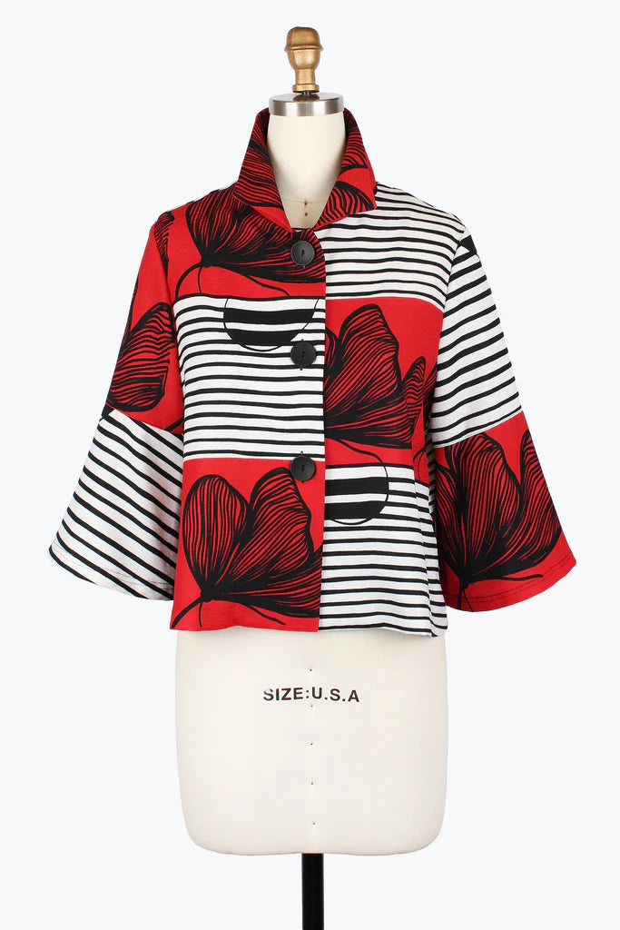 DAMEE STRIPES & PEN ART CROPPED JKT - 5007-RED