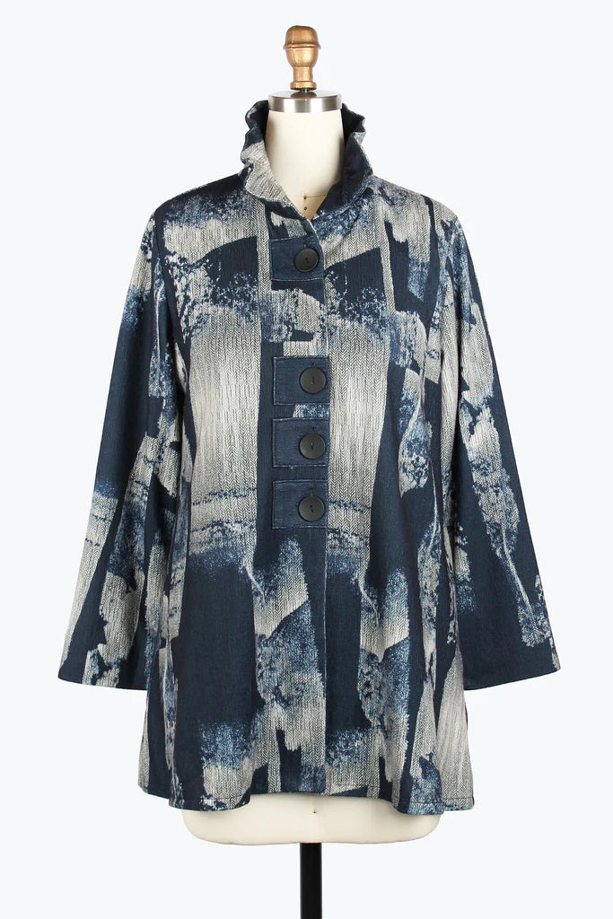 DAMEE ABSTRACT LONG BUTTON PATCH COAT - 5013-NVY