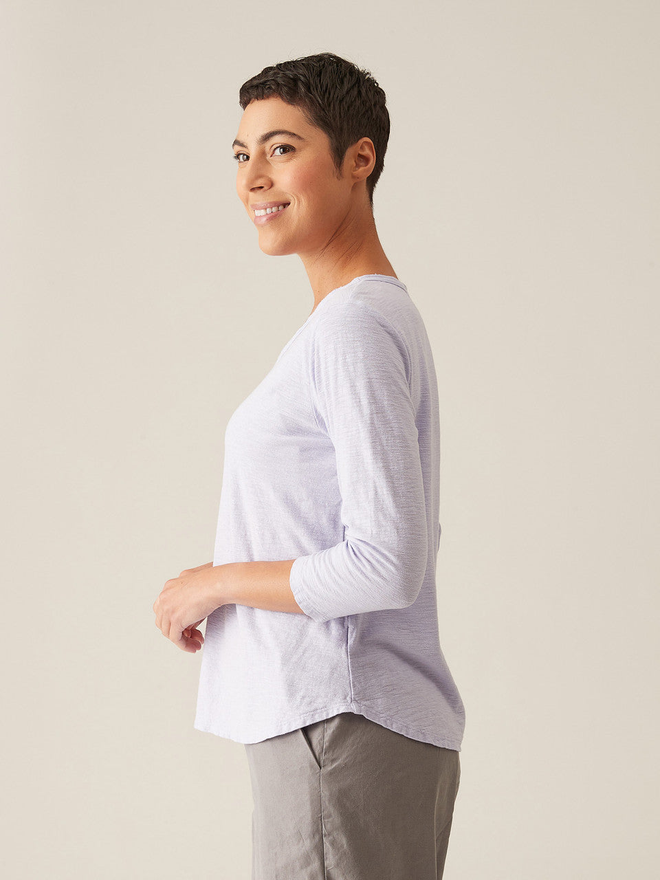 CUT LOOSE -  Linen Cotton Jersey 3/4 Slv V-Neck Top - 5016610