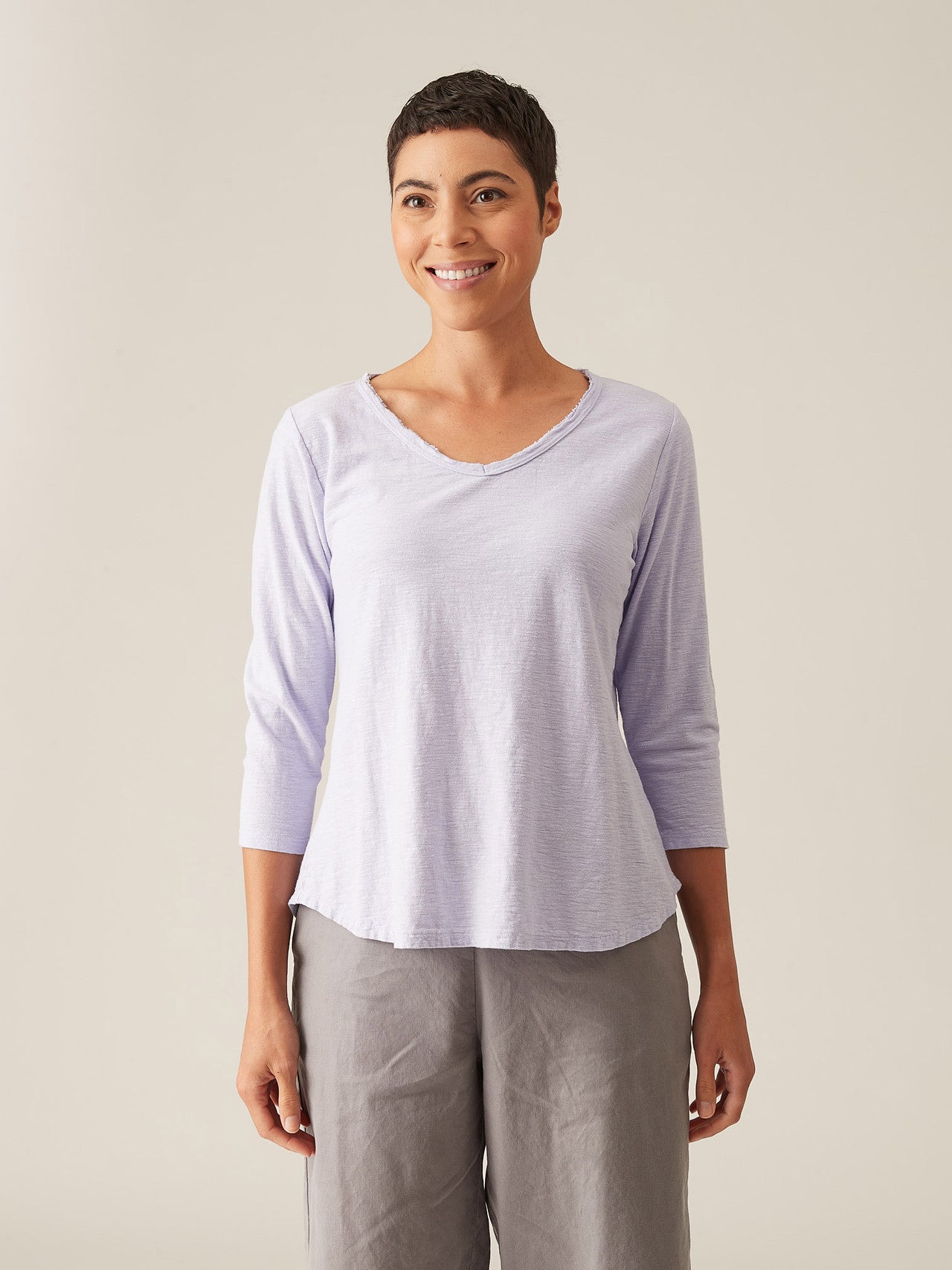 CUT LOOSE -  Linen Cotton Jersey 3/4 Slv V-Neck Top - 5016610