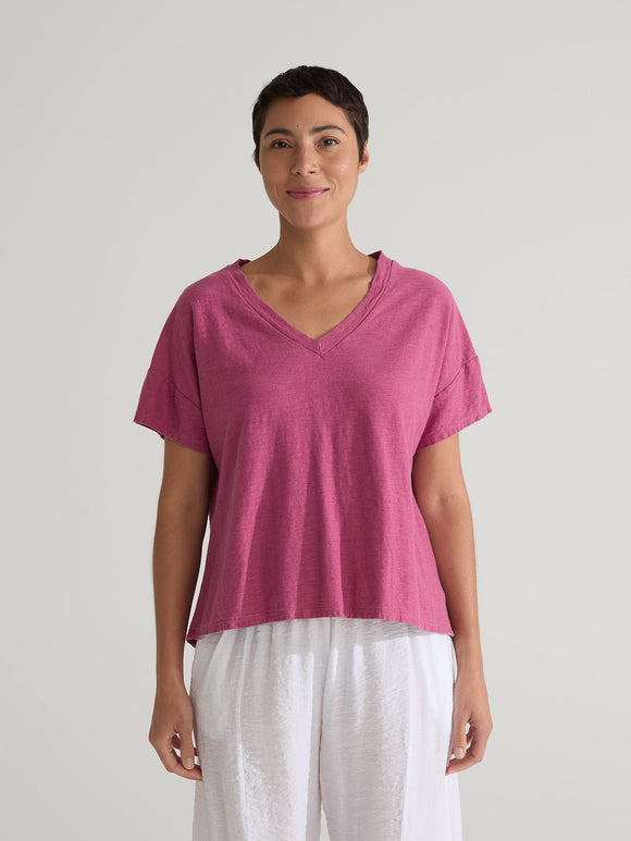 CUT LOOSE - Linen Cotton Jersey Deep V S/S Top - 5016613