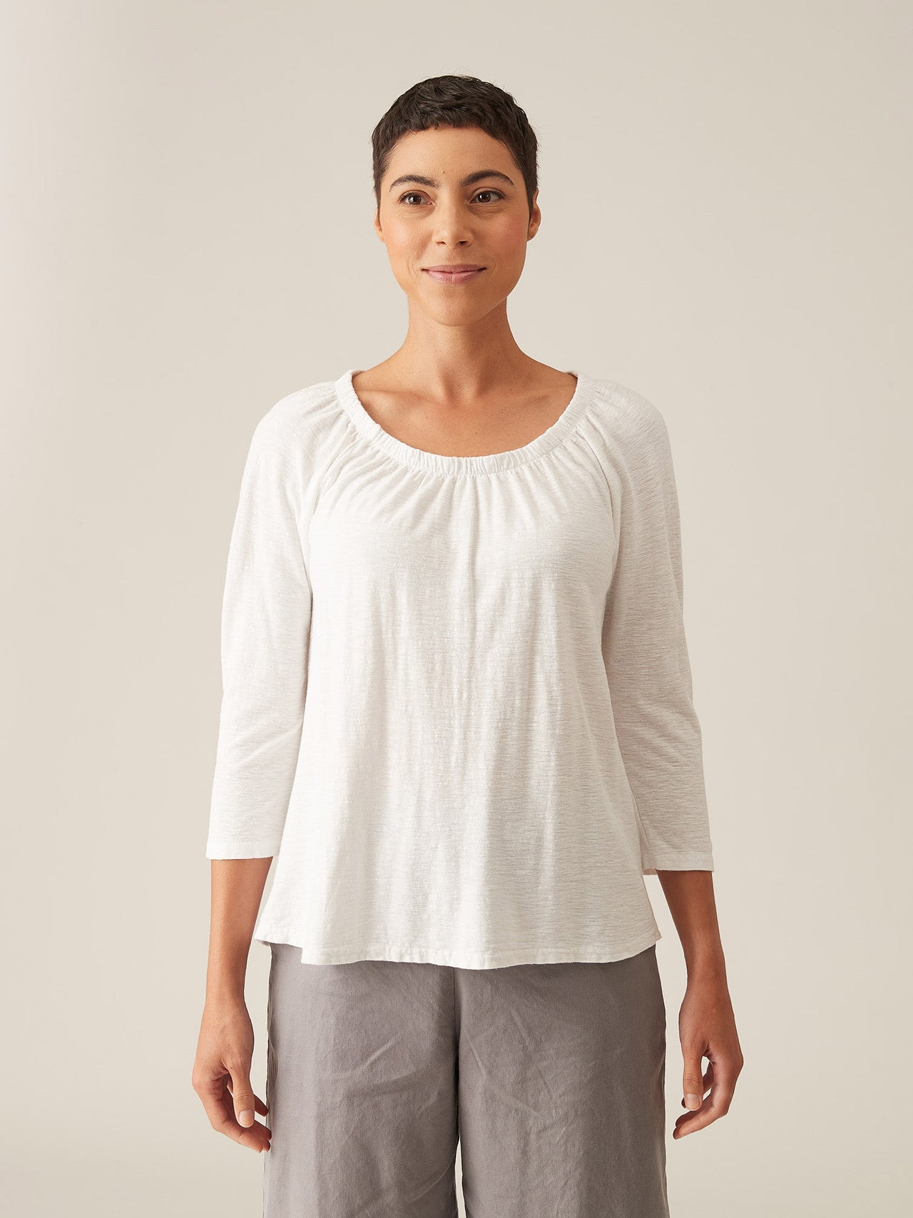 CUT LOOSE - Linen Cotton Jersey Ruche Neck Top - 5016866