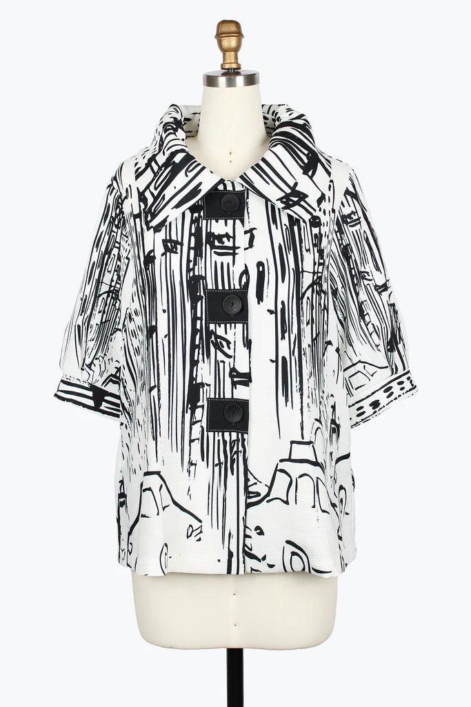 DAMEE CITYSCAPE BUTTON PATCH SWING JACKET - 5037-WHT