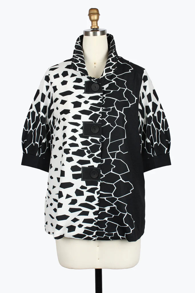 DAMEE SHATTERED PATTERN BUTTON PATCH SWING JACKET - 5039-BLK