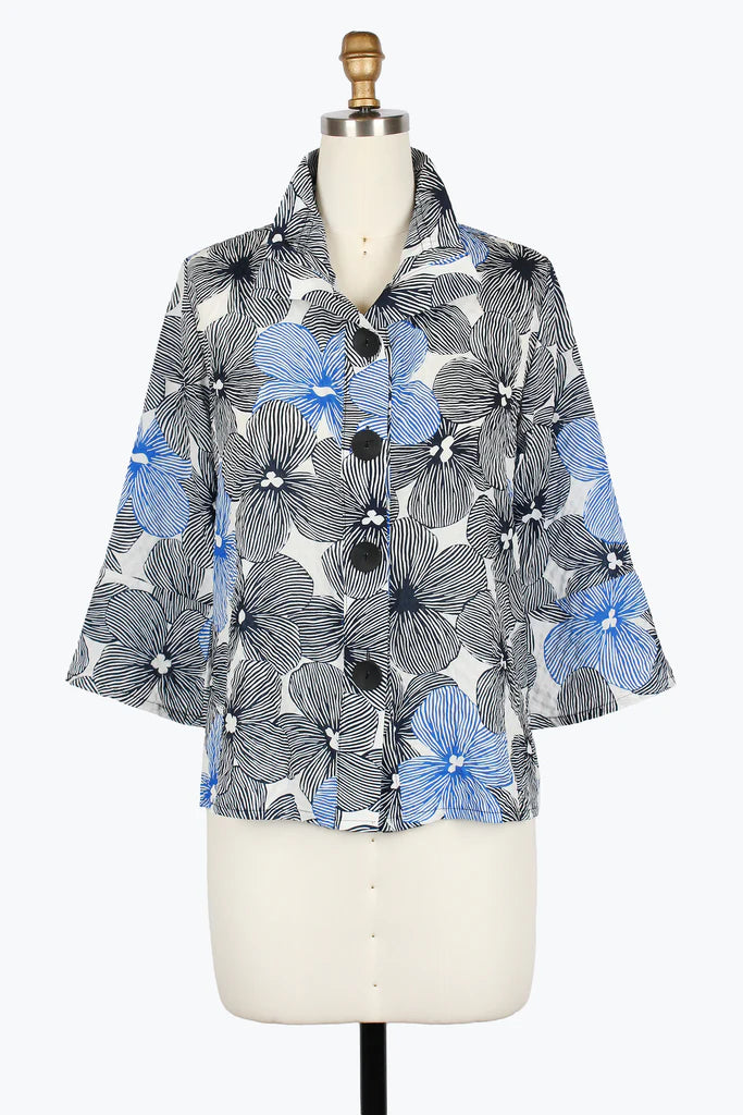 DAMEE FLORAL PEN ART SEERSUCKER JACKET - 5064-BLU