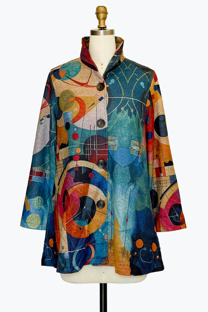 DAMEE ABSTRACT MULTI COLORED GEOMETRIC LONG BUTTON DOWN COLLARED JACKET - 5094 - MULTI