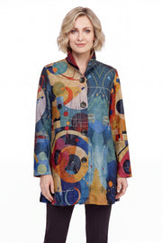 DAMEE ABSTRACT MULTI COLORED GEOMETRIC LONG BUTTON DOWN COLLARED JACKET - 5094 - MULTI