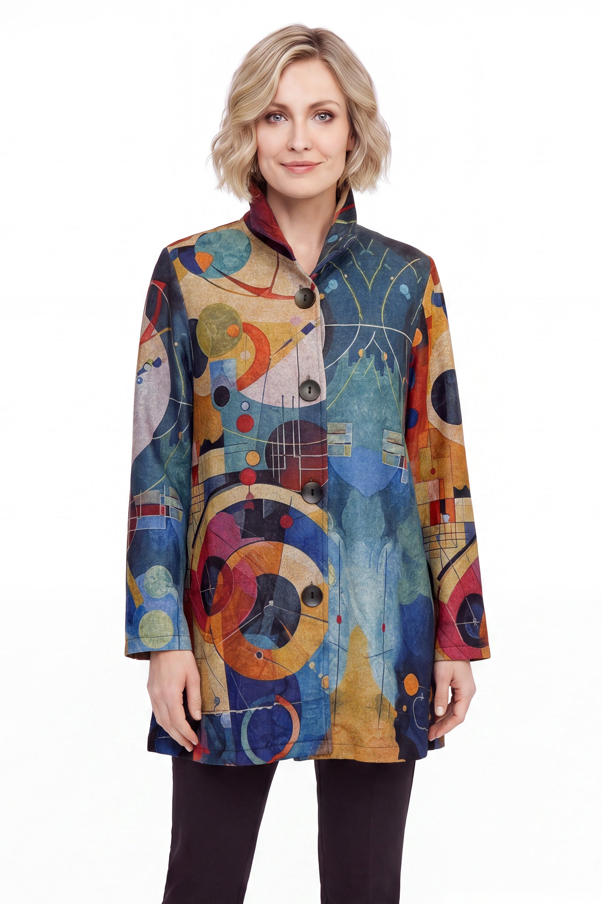 DAMEE ABSTRACT MULTI COLORED GEOMETRIC LONG BUTTON DOWN COLLARED JACKET - 5094 - MULTI
