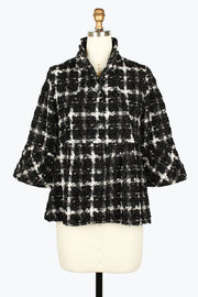 DAMEE PLAID BLACK AND WHITE SPECIAL OCCASION PEPLUM CUT BUTTON DOWN COLLARED JACKET - 5097 - BLACK