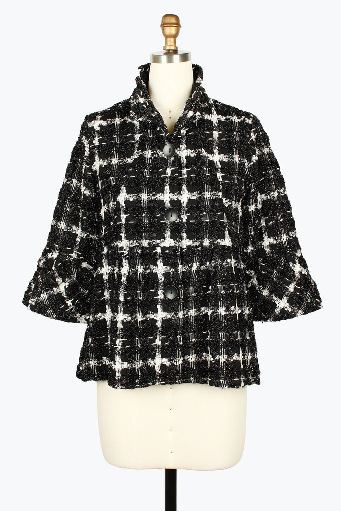 DAMEE PLAID BLACK AND WHITE SPECIAL OCCASION PEPLUM CUT BUTTON DOWN COLLARED JACKET - 5097 - BLACK
