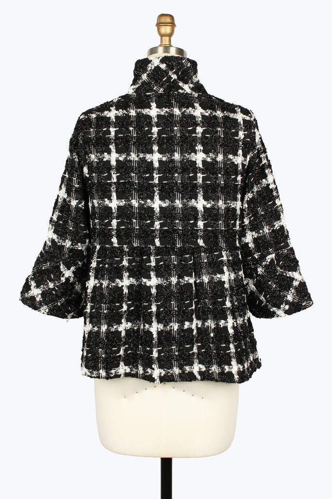 DAMEE PLAID BLACK AND WHITE SPECIAL OCCASION PEPLUM CUT BUTTON DOWN COLLARED JACKET - 5097 - BLACK