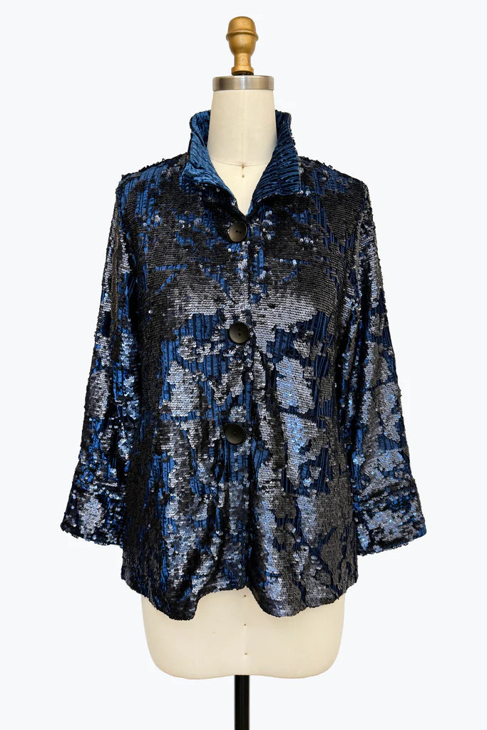 DAMEE BLACK AND BLUE VELOUR AND SEQUINS LONG SLEEVE JACKET - 5102 - ROYAL BLUE