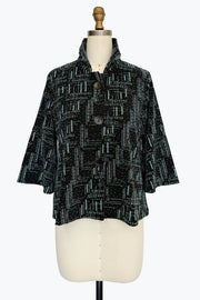 DAMEE BLACK AND AQUA GEOMETRIC SPECIAL OCCASION BUTTON DOWN COLLARED JACKET JACKET - 5103 - AQUA