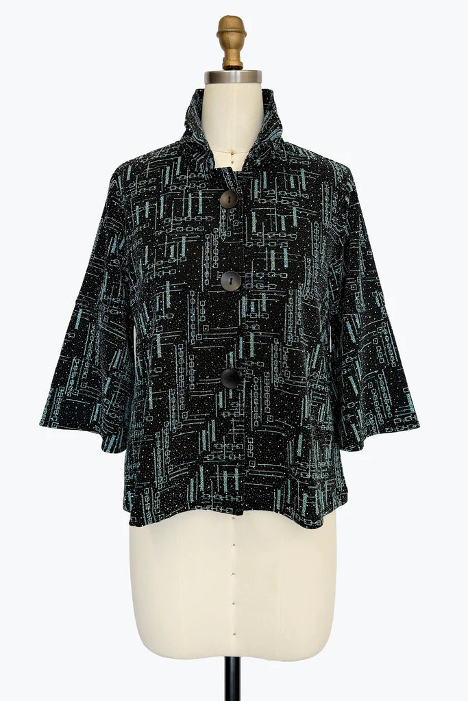 DAMEE BLACK AND AQUA GEOMETRIC SPECIAL OCCASION BUTTON DOWN COLLARED JACKET JACKET - 5103 - AQUA