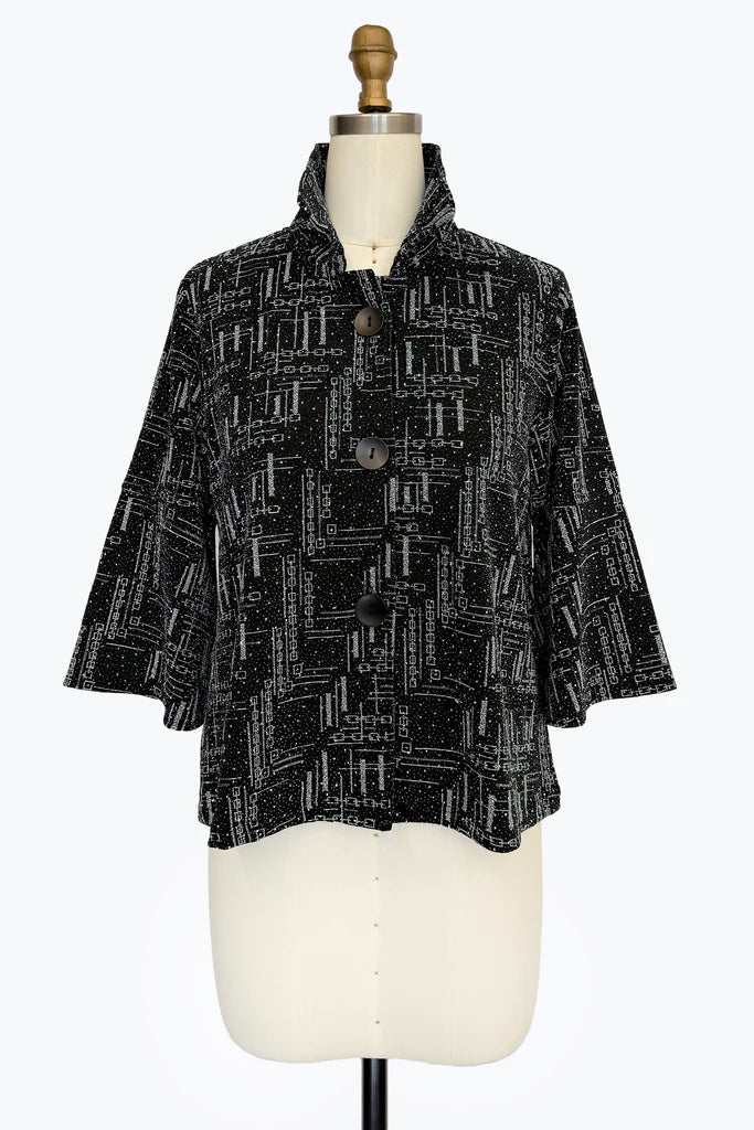 DAMEE BLACK AND SILVER GEOMETRIC SPECIAL OCCASION BUTTON DOWN COLLARED JACKET - 5103 - SILVER