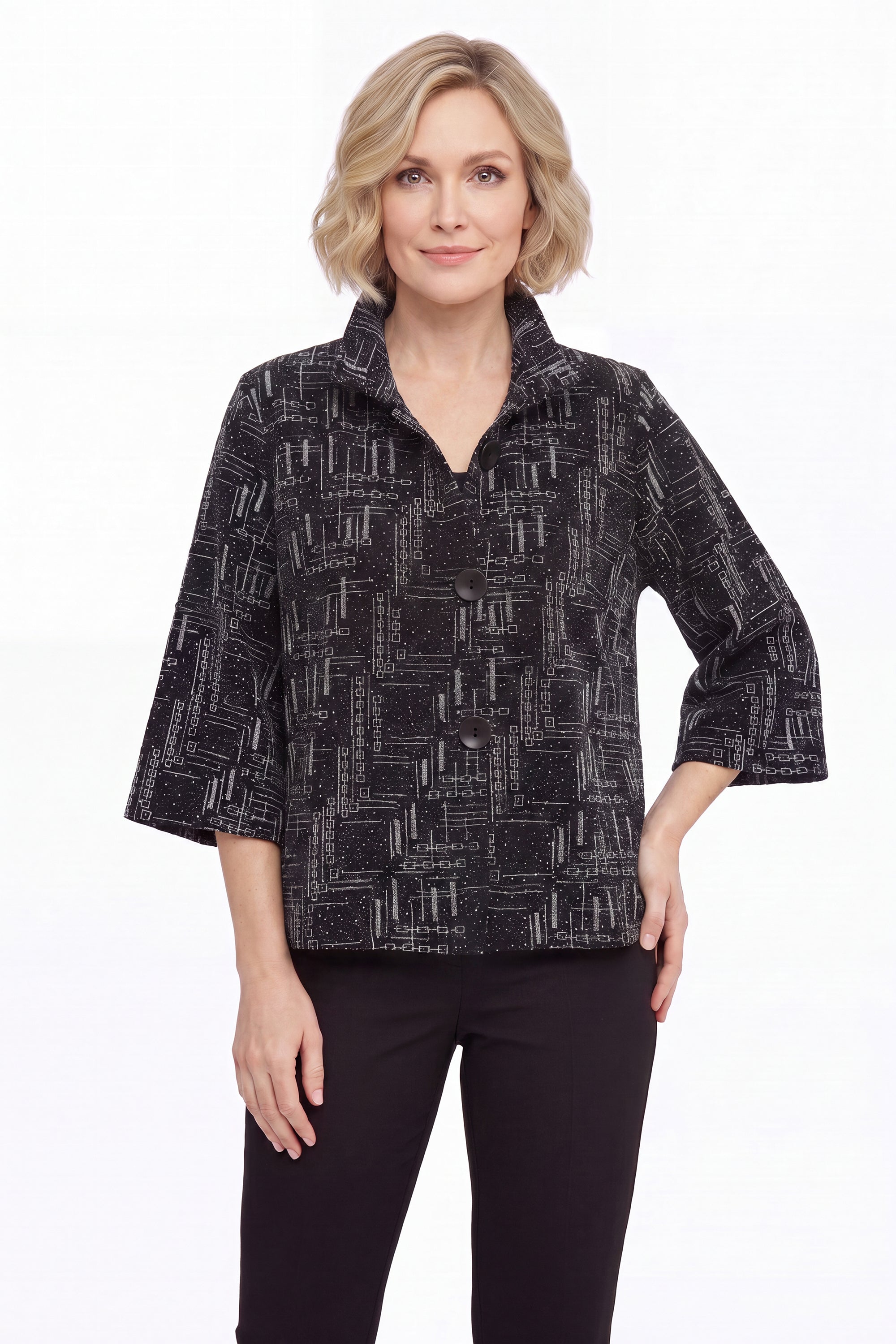 DAMEE BLACK AND SILVER GEOMETRIC SPECIAL OCCASION BUTTON DOWN COLLARED JACKET - 5103 - SILVER
