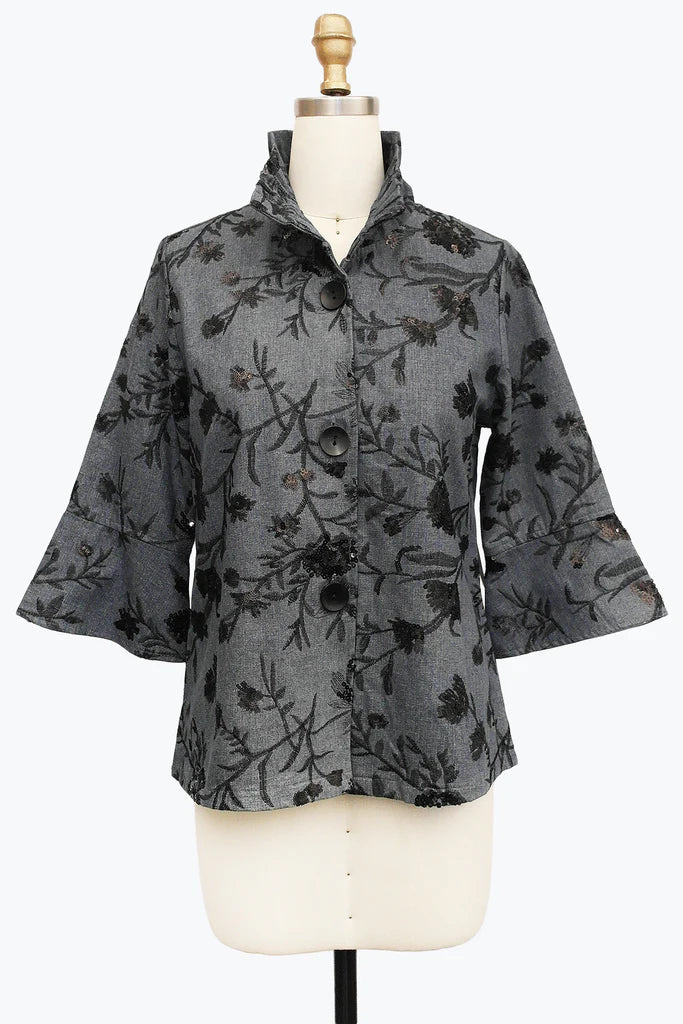 DAMEE DARK FLORAL CLASSIC SHORT BUTTON DOWN COLLARED JACKET - 5105 - DENIM
