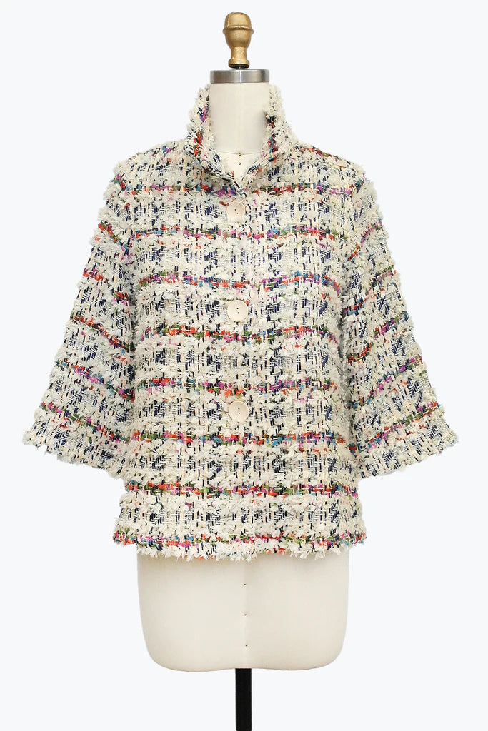 DAMEE WHITE FRINGE TWEED CLASSIC SHORT BUTTON DOWN COLLARED JACKET - 5107 - MULTI