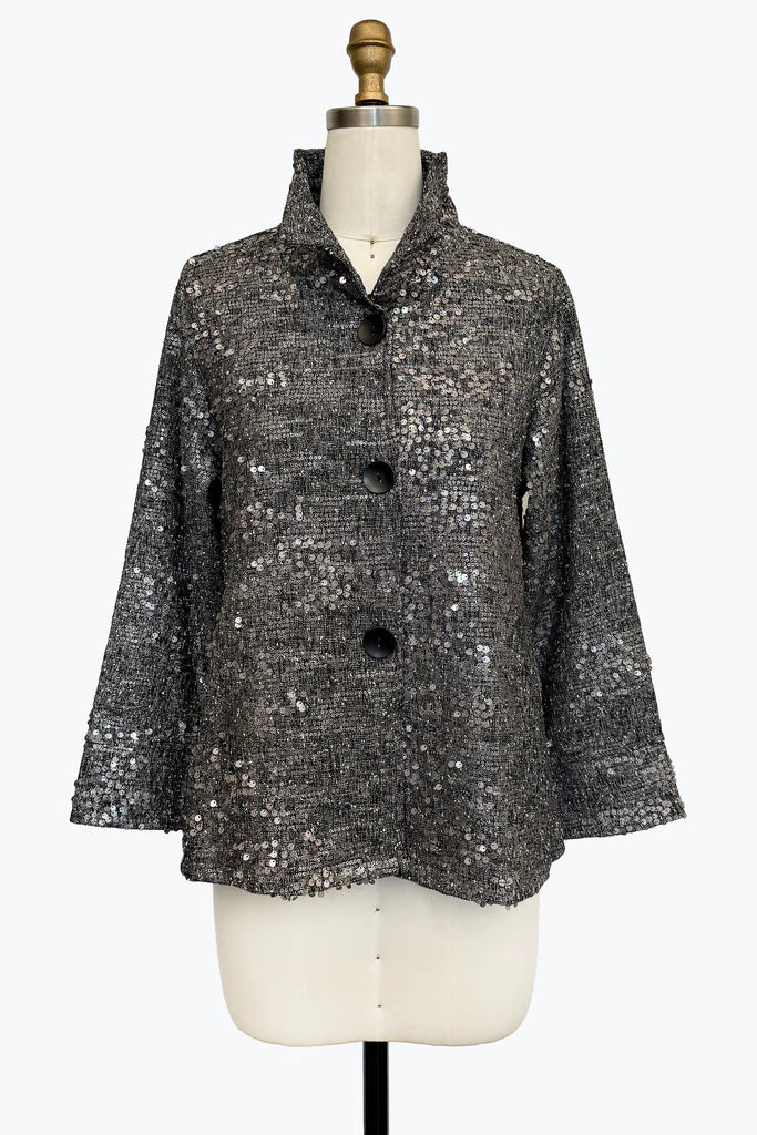 DAMEE GREY GLITTERY SEQUINS LONG SLEEVE BUTTON DOWN JACKET - 5108 - GREY