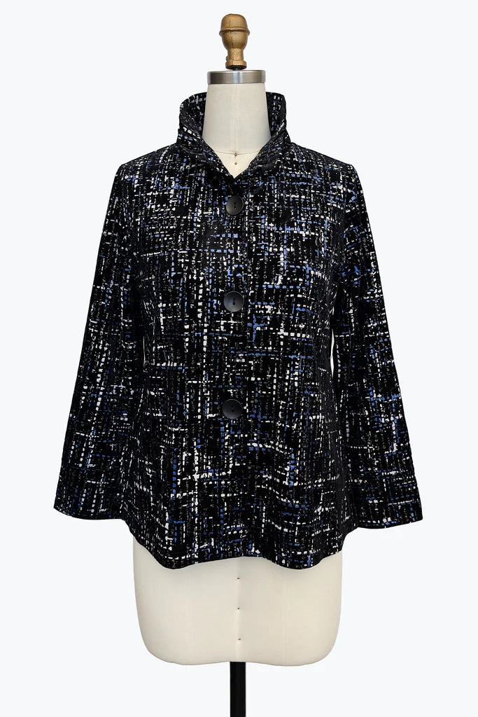 DAMEE BLACK AND BLUE GEOMETRIC LONG SLEEVES COLLAR TOP - 5109 - BLUE