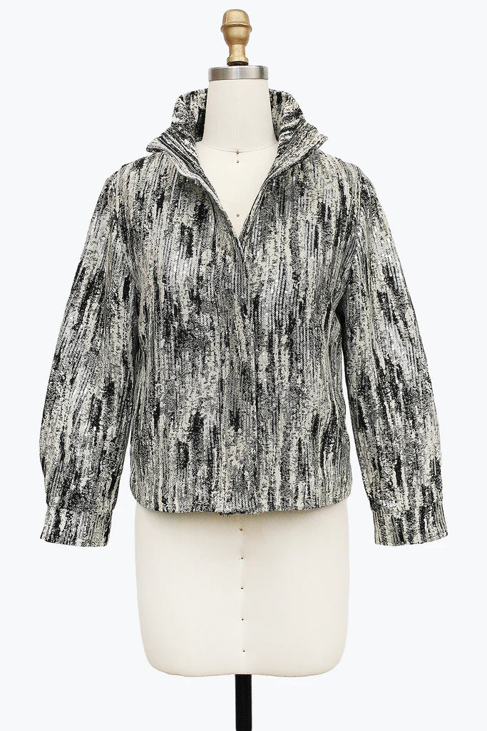 DAMEE ABSTRACT WHITE AND BLACK BIKER STYLE JACKET WITH COLLAR- 5115 - BLACK
