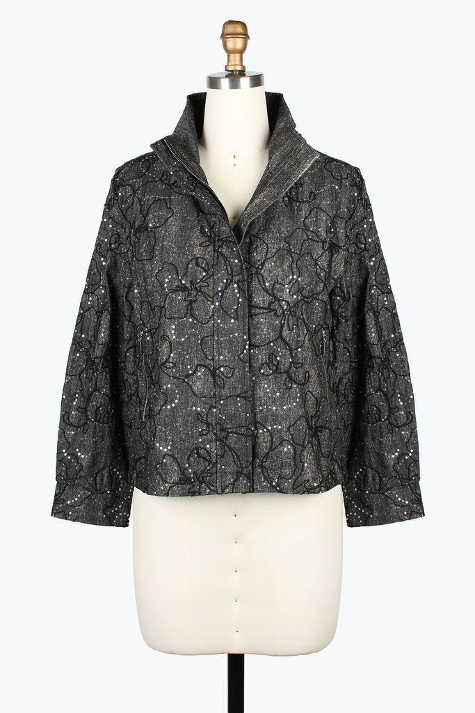 DAMEE GREY AND BLACK FLORAL SEQUIN CORDING BIKER JACKET - 5116 - BLACK