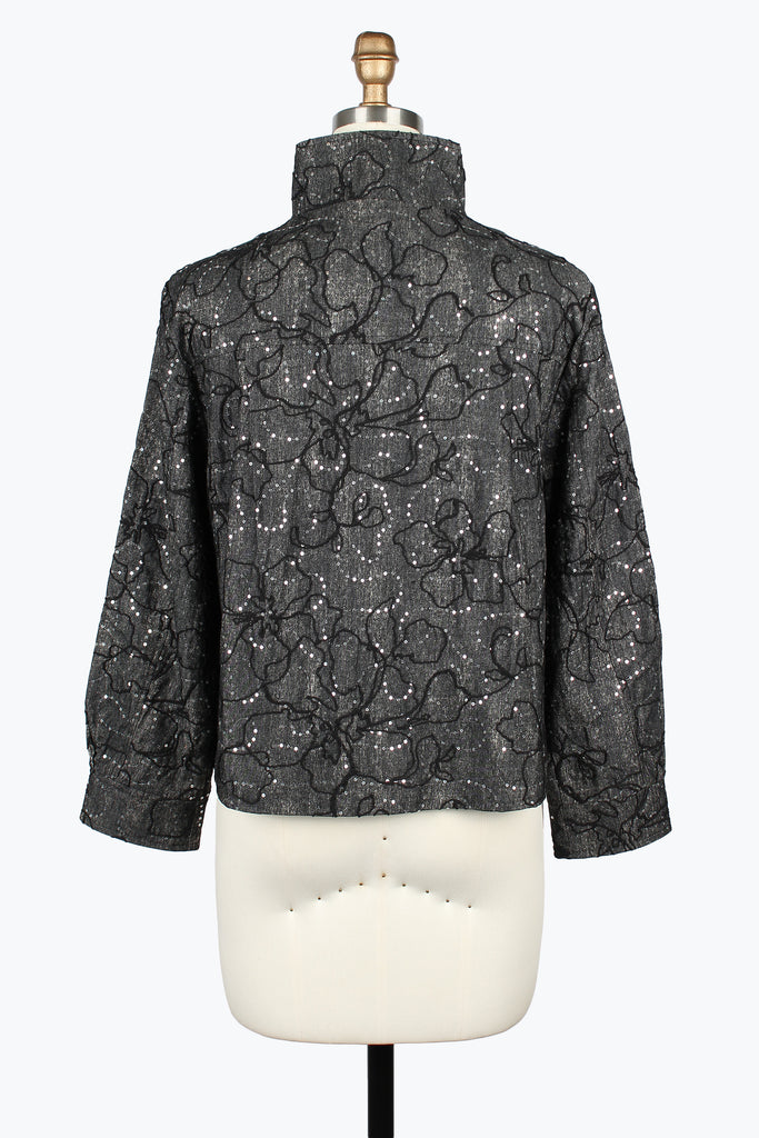DAMEE GREY AND BLACK FLORAL SEQUIN CORDING BIKER JACKET - 5116 - BLACK