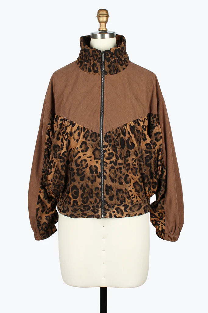 DAMEE ANIMAL PRINT AND CARAMEL HIGH NECK ZIP-UP JACKET - 5122 - CARAMEL