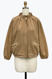 DAMEE BEIGE SUEDE HIGH NECK ZIP-UP JACKET WITH POCKETS - 5125 - BEIGE