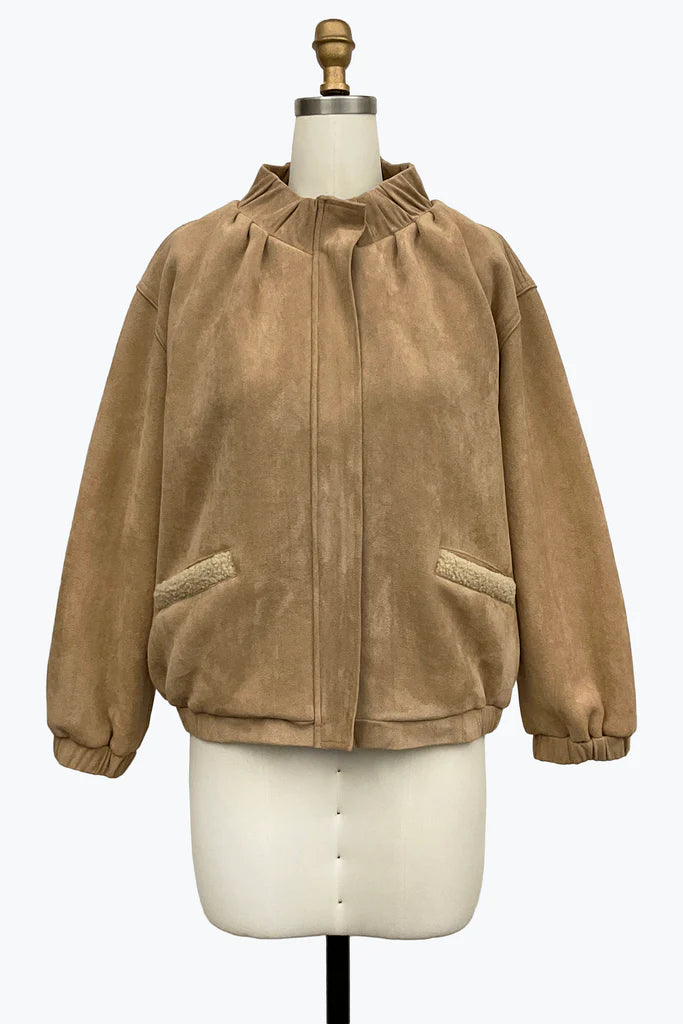 DAMEE BEIGE SUEDE HIGH NECK ZIP-UP JACKET WITH POCKETS - 5125 - BEIGE