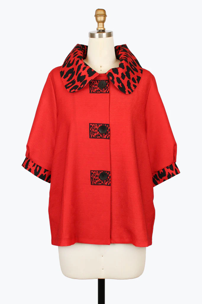DAMEE BLACK AND RED ANIMAL PRINT LONG BUTTON DOWN COLLARED JACKET - 5130 - RED