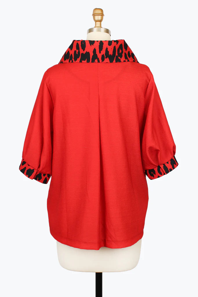 DAMEE BLACK AND RED ANIMAL PRINT LONG BUTTON DOWN COLLARED JACKET - 5130 - RED