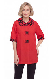 DAMEE BLACK AND RED ANIMAL PRINT LONG BUTTON DOWN COLLARED JACKET - 5130 - RED