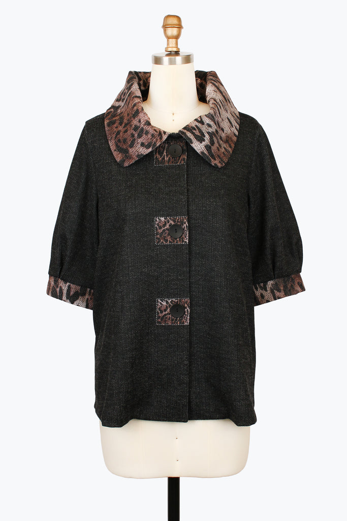 DAMEE ANIMAL PRINT LONG  BUTTON DOWN COLLARED JACKET - 5131 - BLACK