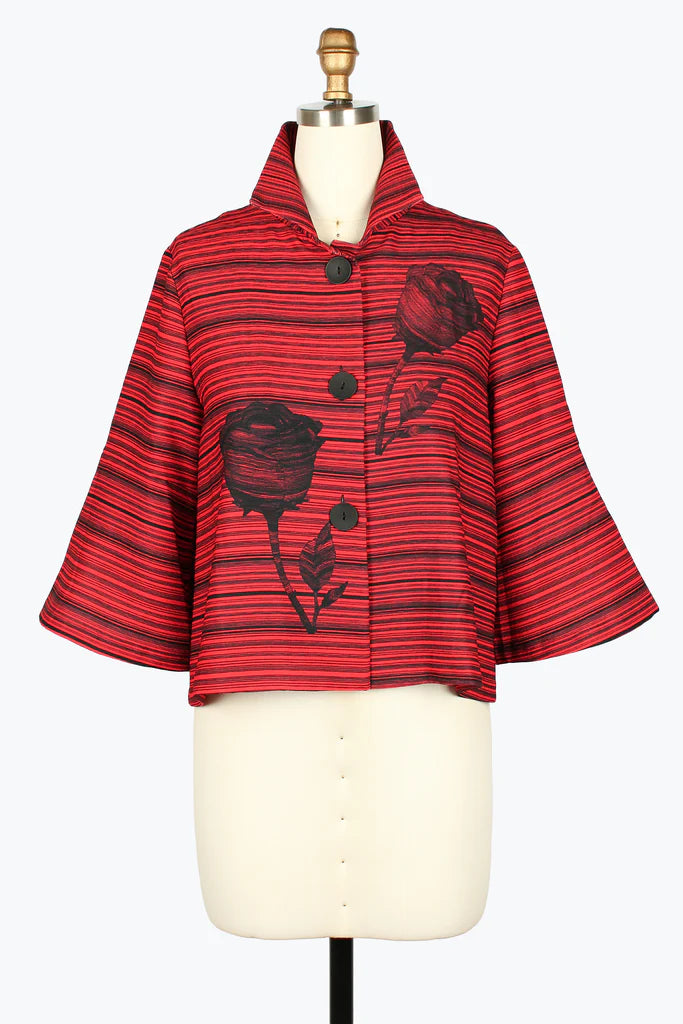 DAMEE RED FLORAL STRIPED SHORT BUTTON DOWN COLLARED JACKET - 5139 - RED