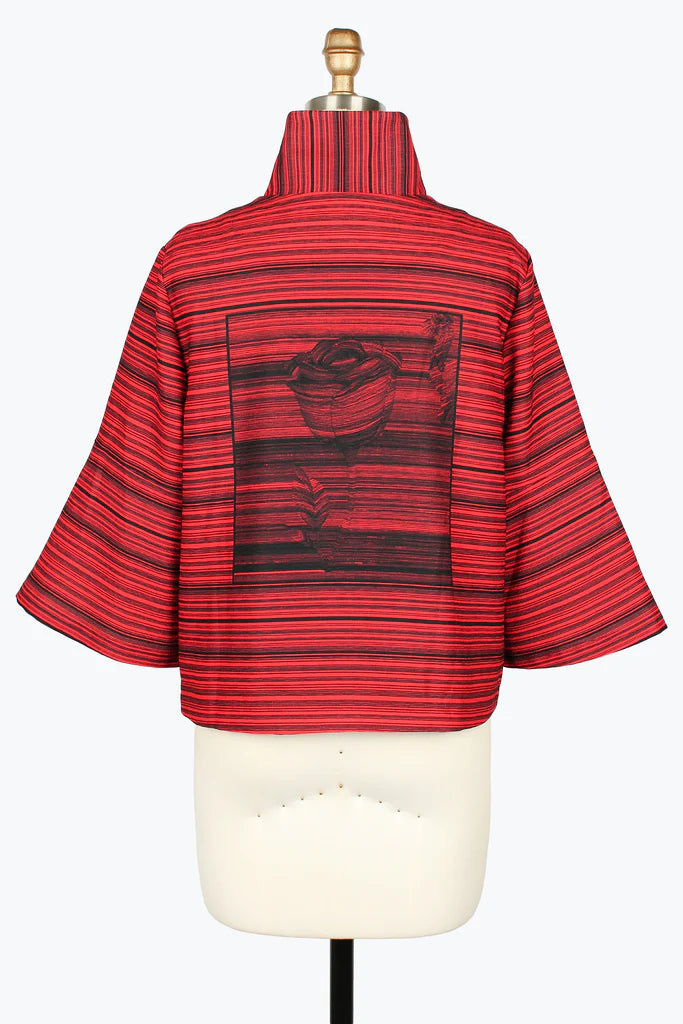 DAMEE RED FLORAL STRIPED SHORT BUTTON DOWN COLLARED JACKET - 5139 - RED
